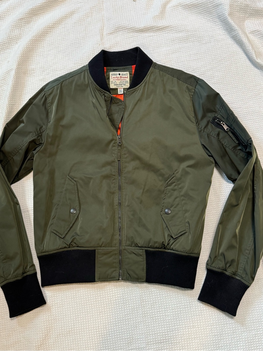 Lucky Brand Olive Green Bomber Jacket with Black Trim
